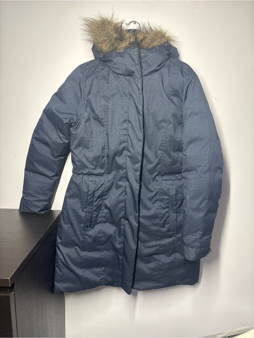 MEC Women's Navy Blue Puffer Coat with Faux Fur Hood